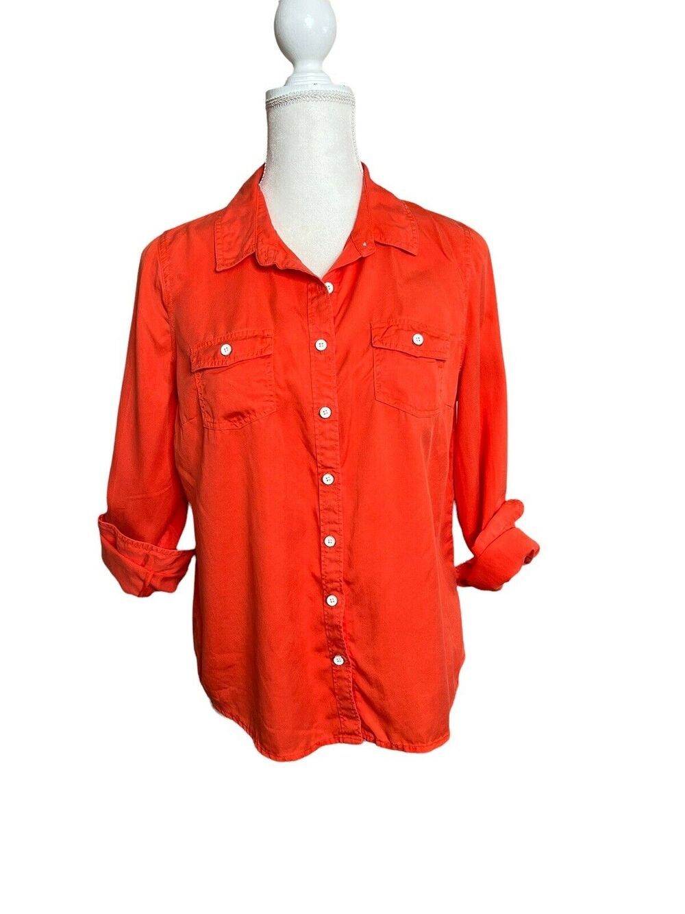 Crown & Ivy Button front Shirt Collared Solid Coral Orange Long Sleeve SZ PL